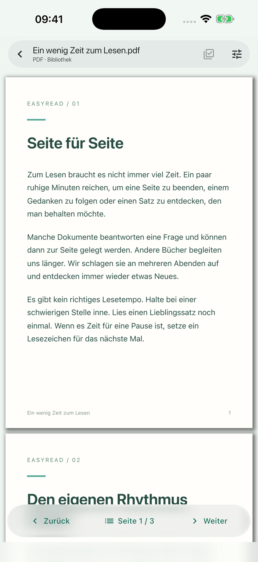 Die Seite steht im Mittelpunkt. Die Bedienung bleibt in Reichweite.