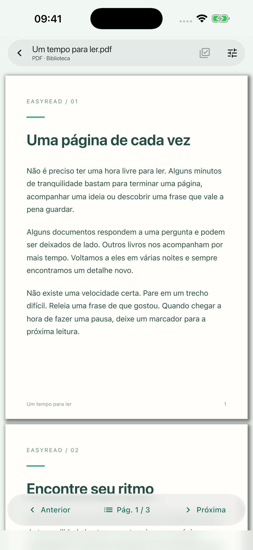A página ganha espaço. Os controles ficam sempre à mão.